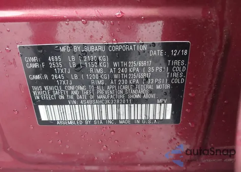 2019 Subaru Outback 2.5I Premium z USA, uszkodzony, nr VIN 4S4BSAHC3K3282011